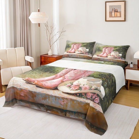Manfei Pink Boot Hat Twin Sheet Sets, Western Cactus Sheet Set Twin, Cowboy Cowgirl Bed Sheets Set Twin Size, Super Cozy Room Decorative, 3 Pieces