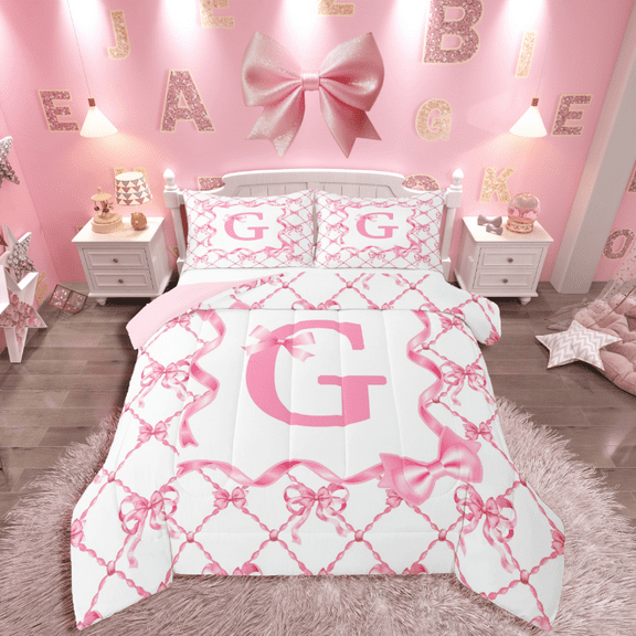 Manfei Pink Bow 2pcs Bedding Comforter Set,Initial Monogrammed Twin Comforter Sets,Letter Personalized Bedding Set,Breathable Geometric Bedroom Decoration,Reversible