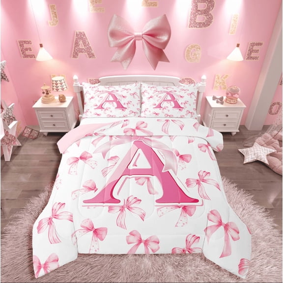 Manfei Pink Bow 2pcs Twin Comforter Set,Initial Monogrammed,Breathable Kawaii Bedding