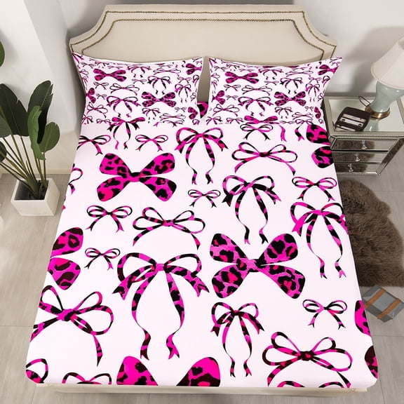 Manfei Pink Bow 3pcs Twin Sheet Sets,Dreamy Princess Twin Fitted Sheet,Cheetah Print Breathable Flat Sheet,Cartoon Room Decor