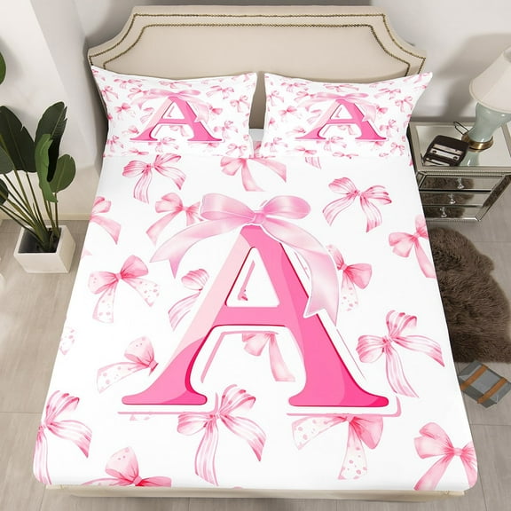Manfei Pink Bow 3pcs Twin Sheet Sets,Initial Monogrammed Twin Fitted Sheet,Letter Personalized Breathable Flat Sheet,Kawaii Bedroom Decoration
