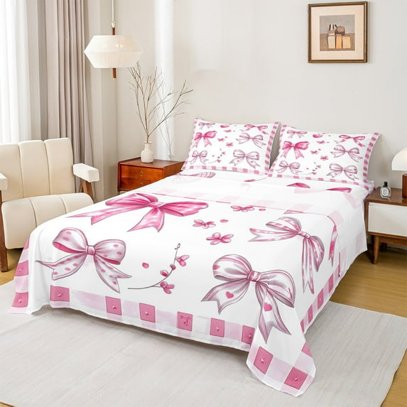 Manfei Pink Bow 4-Piece Full Size Sheets,Geometric Plaid Bed Sheets,Chic Flower Lightweight Sheet Sets,Floral Room Decor