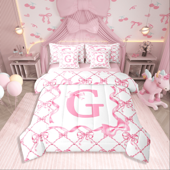 Manfei Pink Bow 7-Piece Bedding Comforter Set,Initial Monogrammed King Bedding Sets,Letter Personalized Ultra Soft Bed Sheets,Breathable Geometric Bedroom Decoration,Reversible