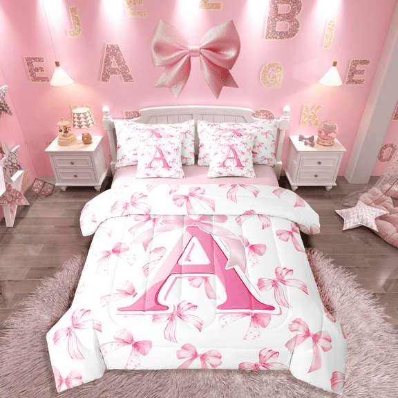 Manfei Pink Bow 7-Piece Twin Bedding Set,Initial Monogrammed,Kawaii Letter Personalized