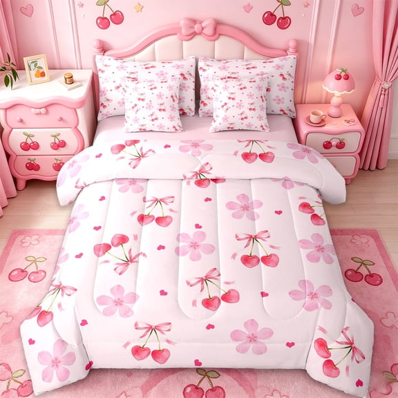 Manfei Pink Bow 7 Pieces Bedding Comforter Set For Girls,Kawaii Cherry Print Full Bedding Set For Kids,Pink Reversible