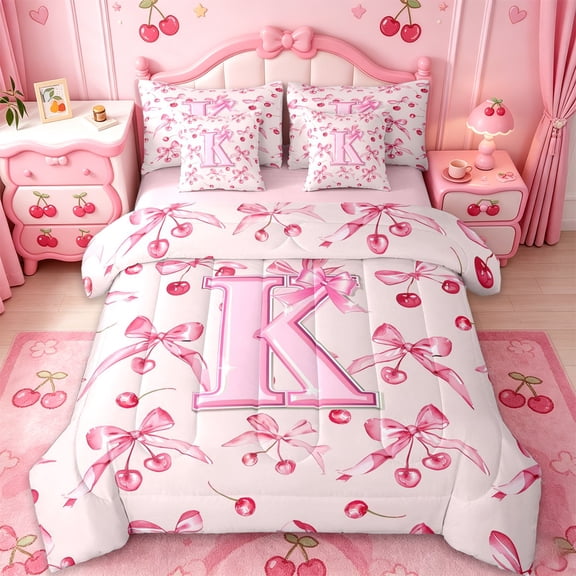 Manfei Pink Bow 7pcs Bedding Comforter Set For Girls,Cartoon 3D Letter K Initial Queen Bedding Sets For Kids,Pink Reversible
