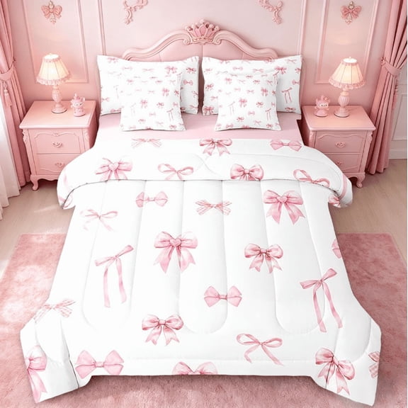 Manfei Pink Bow 7pcs Bedding Comforter Set For Girls,Cute Bowknot Kawaii Ribbon Bow Queen Bedding Sets For Girl Reversible