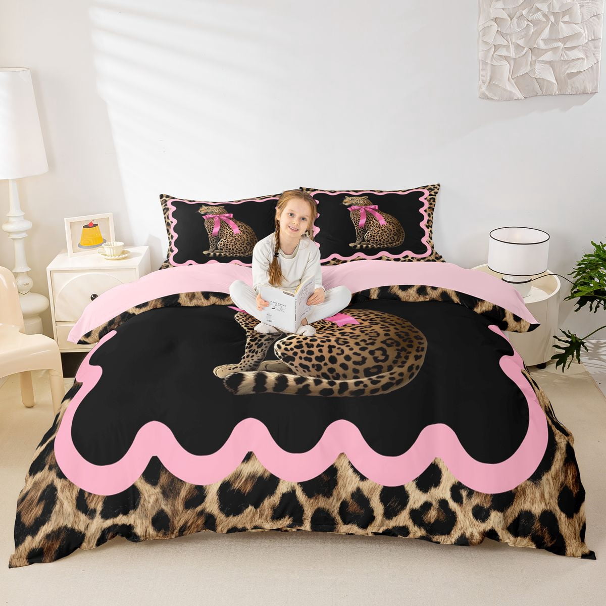 Manfei Pink Bow Cat Duvet Cover King, Leopard Frame Border King Bedding ...