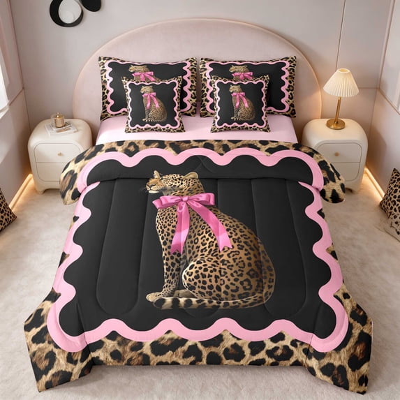 Manfei Pink Bow Cat King Bedding, Leopard Frame Border King Bed in a ...