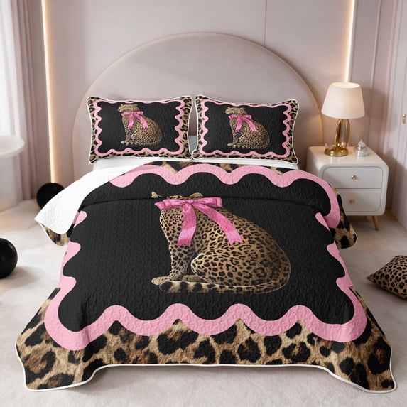 Manfei Pink Bow Cat Quilt King, Leopard Frame Border King Coverlet Set ...