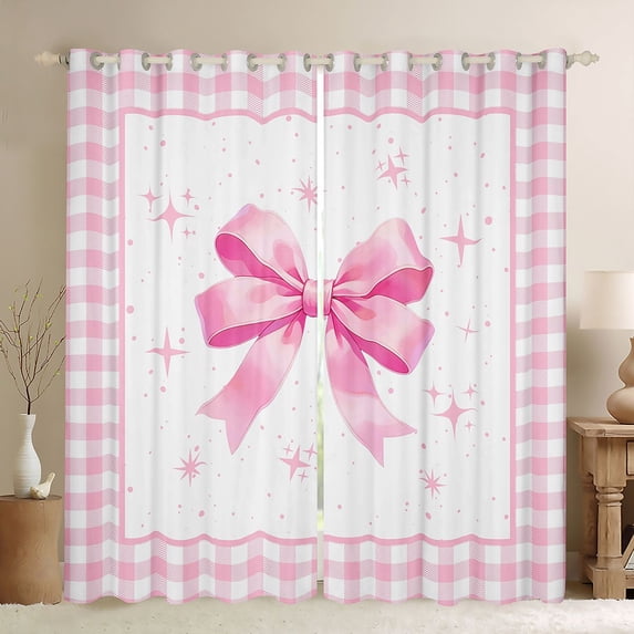 Manfei Pink Bow Checkered Print Black Out Curtains for Girls, Cute Ribbon Bow Curtains Pack of 2 (42x63 Each)
