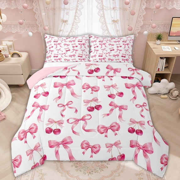 Manfei Pink Bow Cherry Full Size Comforter Sets for Girls, Cute Ribbon Bedding Sets, Pink Reversible, 3pcs