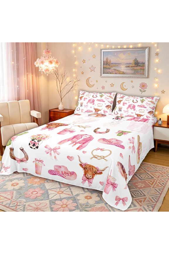 Pink Bow Cowgirl Queen Sheet Sets for Girls, Hippie Western Bed Set, 4pcs