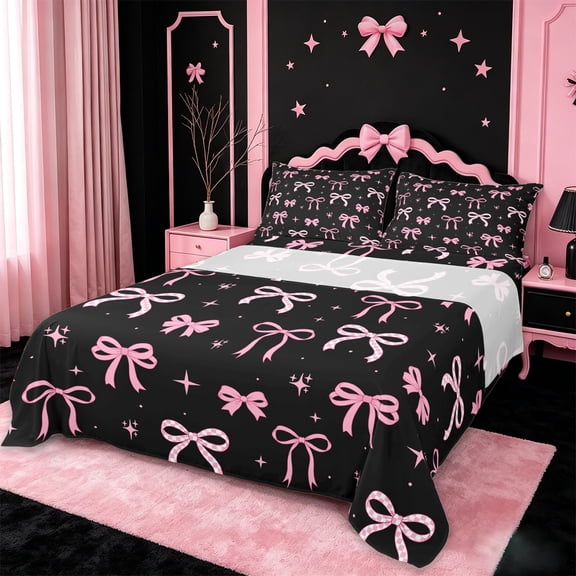 Manfei Pink Bow Full Size Sheets For Girls,Dreamy Princess Style Bed Sheets For Kids,4-Piece