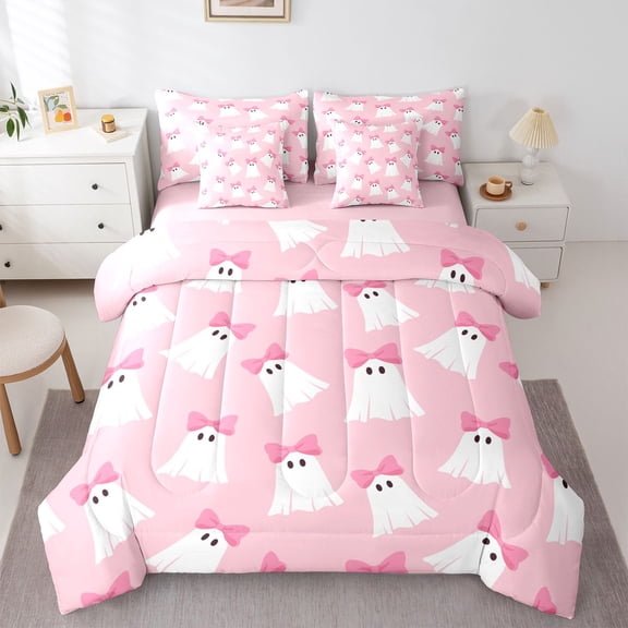 Manfei Pink Bow Ghosts 7-Piece King Bedding,Halloween Themed Print King Bed in a Bag,Pink Reversible
