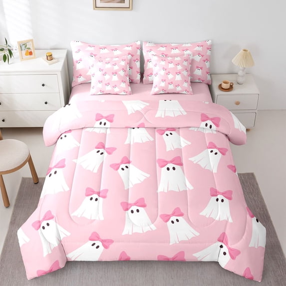 Manfei Pink Bow Ghosts 7-Piece Twin Bedding,Halloween Themed Print Bedding Comforter Set,Pink Reversible