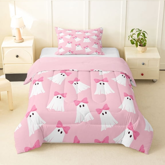 Manfei Pink Bow Ghosts Twin Comforter Sets,Halloween Themed Print Bedding Set,Pink Reversible,2pcs,1 Comforter and 1 Pillowcase