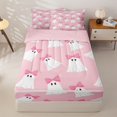 thumbnail image 1 of Manfei Pink Bow Ghosts Zipper Twin Comforter Sets with Fitted Sheet and 2 Pillowcases,Halloween Themed Print Zipper Bedding Set,Pink Reversible,4pcs, 1 of 8