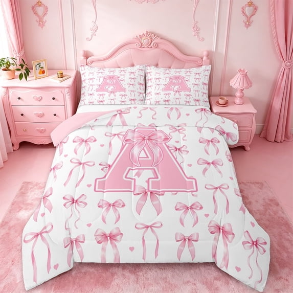 Manfei Pink Bow Heart Full Size Comforter Sets For Girls,3D Cartoon Letter A Initial Print Bedding Sets For Kids,Pink Reversible,3pcs