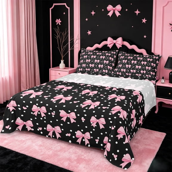Manfei Pink Bow Heart Full Size Sheets For Girls,Coquette Bowknot Pattern Bed Sheets For Kids,4 Pieces