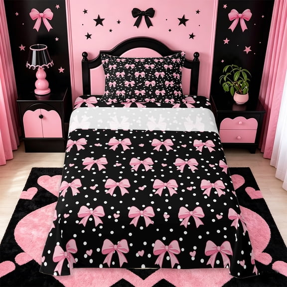 Manfei Pink Bow Heart Twin Sheet Sets For Girls,Coquette Bowknot Pattern Bedding For Kids,3-Piece