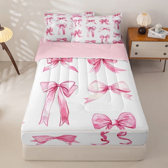 Manfei Pink Bow Heart Zipper Full Size Comforter Sets with Fitted Sheet and 2 Pillowcases For Girls,Cartoon Stars Accent Zipper Bedding Set For Kids,Pink Reversible,4 Pieces