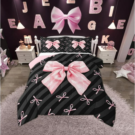 Manfei Pink Bow Knot Girl Queen Comforter Set, Black Gray Stripe Bedding Sets, Dreamy Bowknot Bowtie Bedding Comforter Set, Breathable Room Decor, Reversible 3-Piece