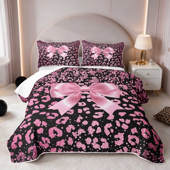 Medical Service Ribbon Manfei Pink Bow Leopard Twin Quilt Set, Black Ribbon Print Twin ...