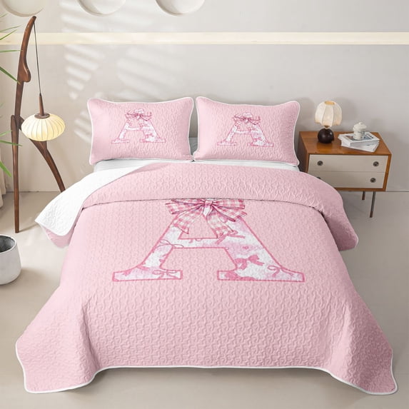 Manfei Pink Bow Letter A Print Quilt Full for Girls, Cute Initial Bows Full Bedspread Sets