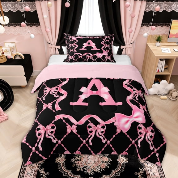 Manfei Pink Bow Letter A Twin Comforter Sets, Kawaii Ribbon Bedding Set for Girls Women, Pink Reversible, 2 Pieces