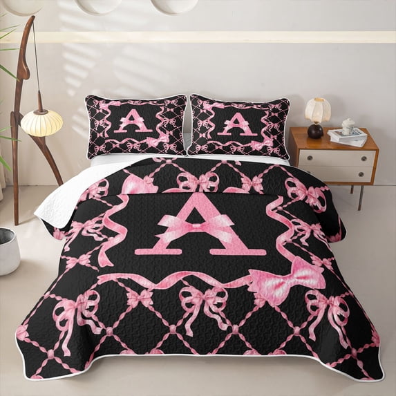 Manfei Pink Bow Letter A Twin Quilt Set, Kawaii Ribbon Twin Coverlet Set for Girls Women