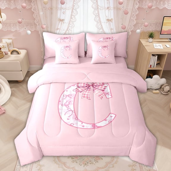 Manfei Pink Bow Letter C Twin Bedding Sets for Girls, Princess Style Bedding Comforter Set, Pink Reversible, 7pcs
