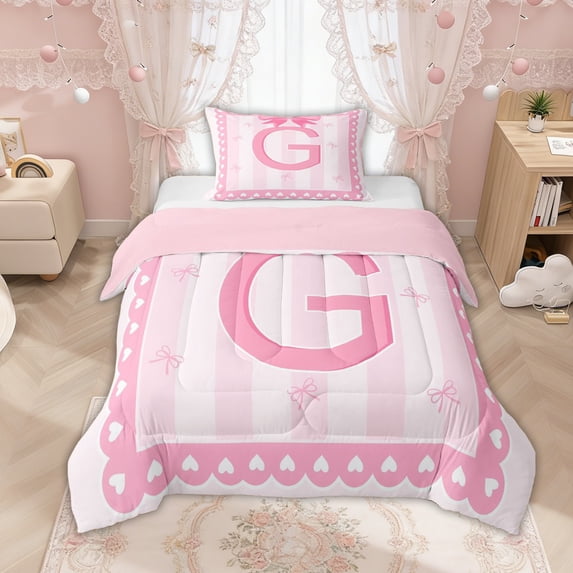 Manfei Pink Bow Letter G Print Twin Comforter Sets for Girls, Princess Ribbon Bedding Set, Pink Reversible, 2pcs