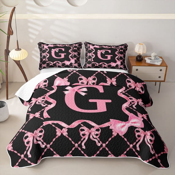 Manfei Pink Bow Letter G Quilt Full, Kawaii Ribbon Full Bedspread Sets for Girls Women