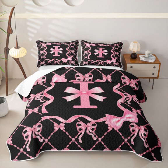 Manfei Pink Bow Letter I Bed Spread Queen, Kawaii Ribbon Queen Coverlet Set for Girls Women, 3pcs