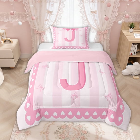 Manfei Pink Bow Letter J Print Twin Comforter Sets for Girls, Princess Ribbon Bedding Set, Pink Reversible, 2pcs