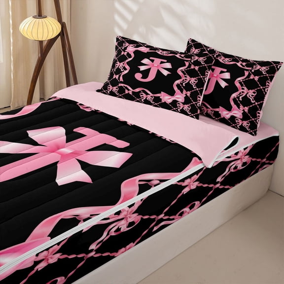 Manfei Pink Bow Letter J Zipper Twin Comforter Sets with Fitted Sheet and 2 Pillowcases, Kawaii Ribbon Zipper Bedding Set, Pink Reversible, 4 Pieces