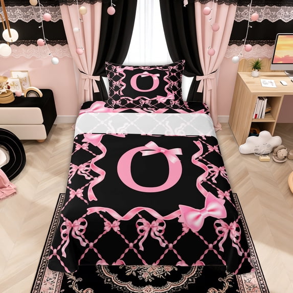 Manfei Pink Bow Letter O Twin Sheet Sets, Kawaii Ribbon Bedding for Girls Women, 3pcs