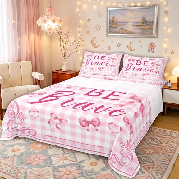 Manfei Pink Bow Love Heart Be Brave Full Size Sheets for Girls, Princess Cartoon Style Bed Sheets, 4-Piece
