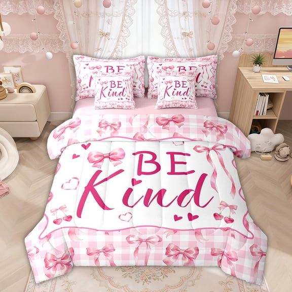 Manfei Pink Bow Love Heart Be Kind Twin Bedding Sets for Girls, Princess Cartoon Style Bedding Comforter Set, Pink Reversible, 7pcs