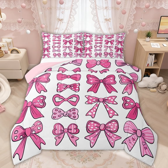 Manfei Pink Bow Love Heart Cartoon Set Queen Comforter Set for Girls, Cute Ribbon Bedding Comforter Set, Pink Reversible, 3pcs