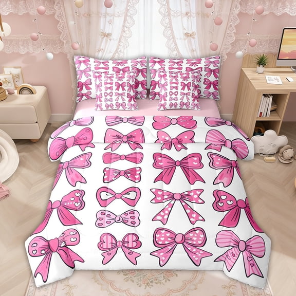 Manfei Pink Bow Love Heart Cartoon Set Twin Bedding Sets for Girls, Cute Ribbon Bedding Comforter Set, Pink Reversible, 7pcs
