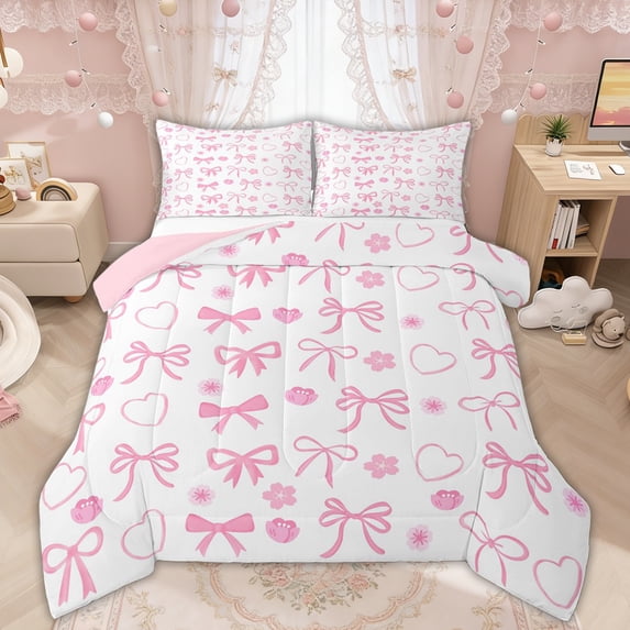 Manfei Pink Bow Love Heart Flower Queen Comforter Set for Girls, Cute Ribbon Bedding Comforter Set, Pink Reversible, 3-Piece