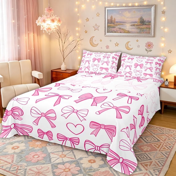 Manfei Pink Bow Love Heart Line Art Queen Sheet Sets for Girls, Cute Ribbon Bed Set, 4-Piece