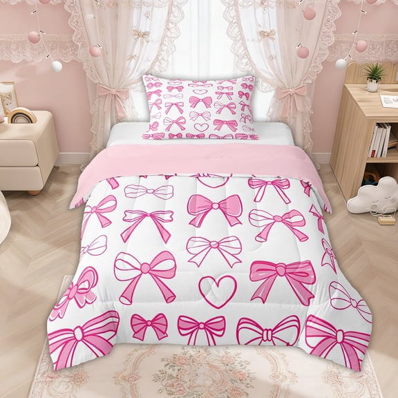 Manfei Pink Bow Love Heart Line Art Twin Comforter Sets for Girls, Cute Ribbon Bedding Set, Pink Reversible, 2-Piece