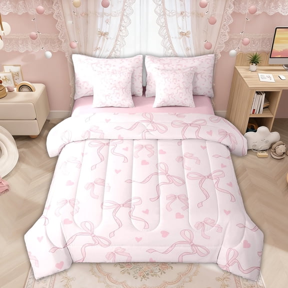 Manfei Pink Bow Love Heart Print Twin Bedding Sets for Girls, Cute Bows Bedding Comforter Set, Pink Reversible, 7-Piece