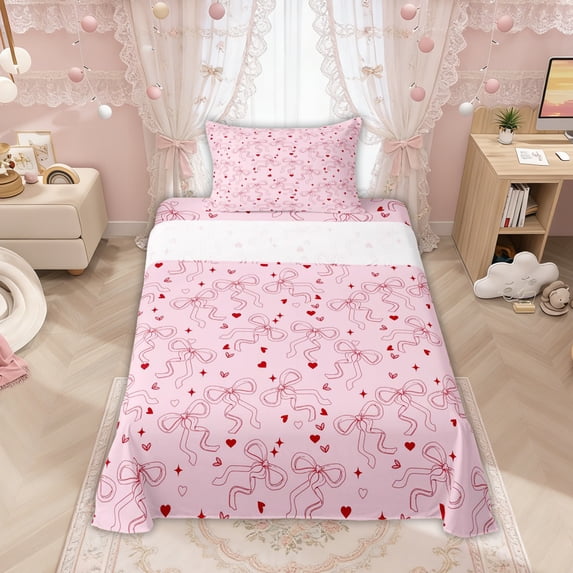 Manfei Pink Bow Love Heart Star Pink Print Twin Sheet Sets for Girls, Cute Bows Bedding, 3pcs
