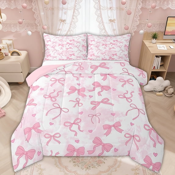 Manfei Pink Bow Love Heart Tie Dye Full Size Comforter Sets, Cute Cartoon Bedding Sets for Girls Women, Pink Reversible, 3pcs