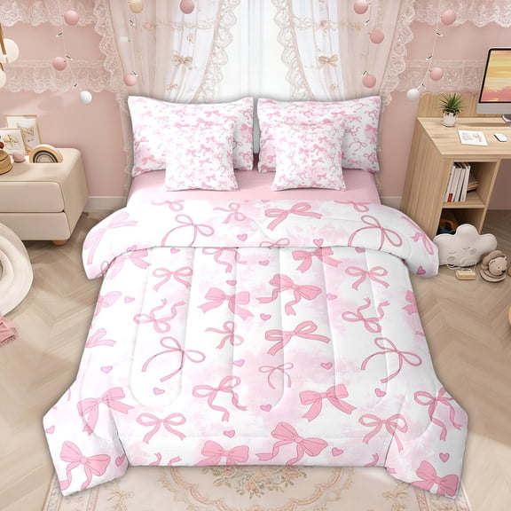 Manfei Pink Bow Love Heart Tie Dye Twin Bedding Sets, Cute Cartoon Bedding Comforter Set for Girls Women, Pink Reversible, 7pcs
