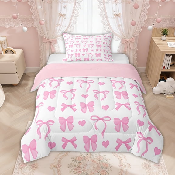 Manfei Pink Bow Love Heart Twin Comforter Sets, Cute Princess Style Bedding Set for Girls Women, Pink Reversible, 2pcs